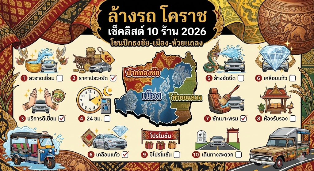 ล้างรถ โคราช เช็คลิสต์ 10 ร้าน 2026 โซนปักธงชัย-เมือง-ห้วยแถลง